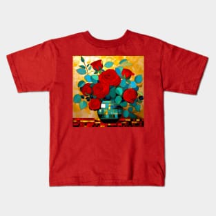 Red Roses and Eucalyptus Leaves in a Geometric Decorative Vase Kids T-Shirt